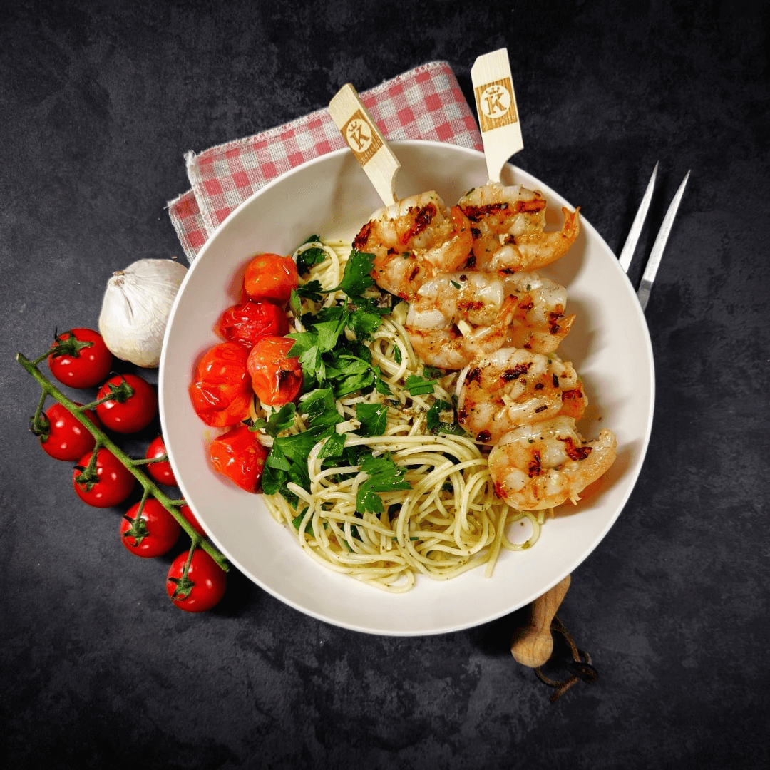 asta met look citroen botersaus, gepofte honingtomaatjes en scampi brochettes op BBQ – Keurslager De Meulder Brasschaat