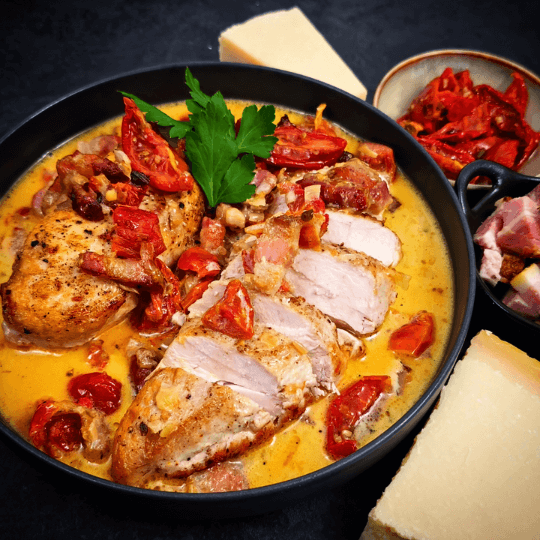 Marry me chicken à la De Meulder met kip, buikspek en romige saus