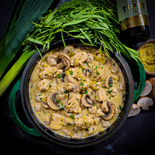 Kipfricassee met Tipsy Gold, dragon, prei en champignons