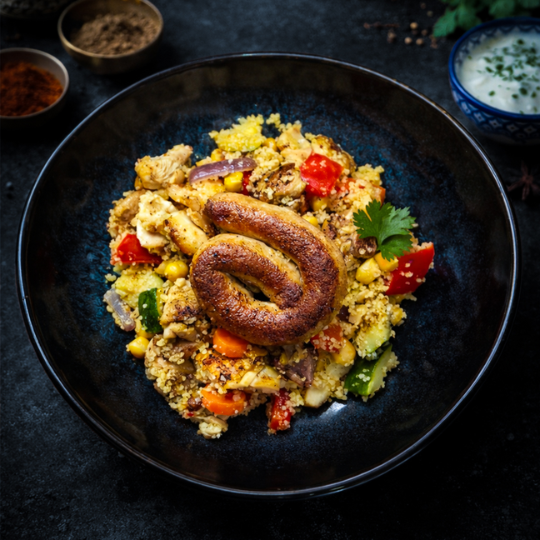 Couscous Royal met kip en geroosterde groenten met kippenworst van Keurslager De Meulder Brasschaat
