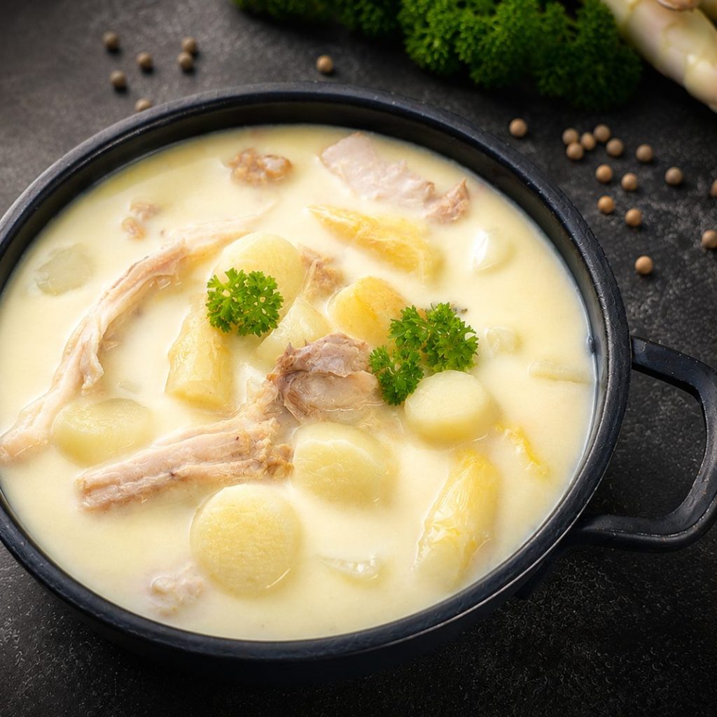 Fluweelzachte aspergesoep met kippendijtjes, witte asperges en verse peterselie