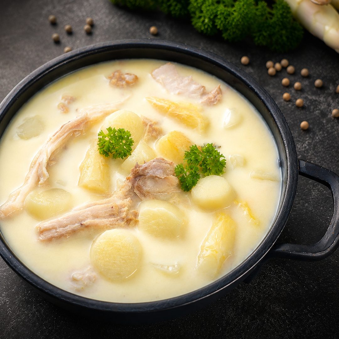 Fluweelzachte aspergesoep met kippendijtjes, witte asperges en verse peterselie