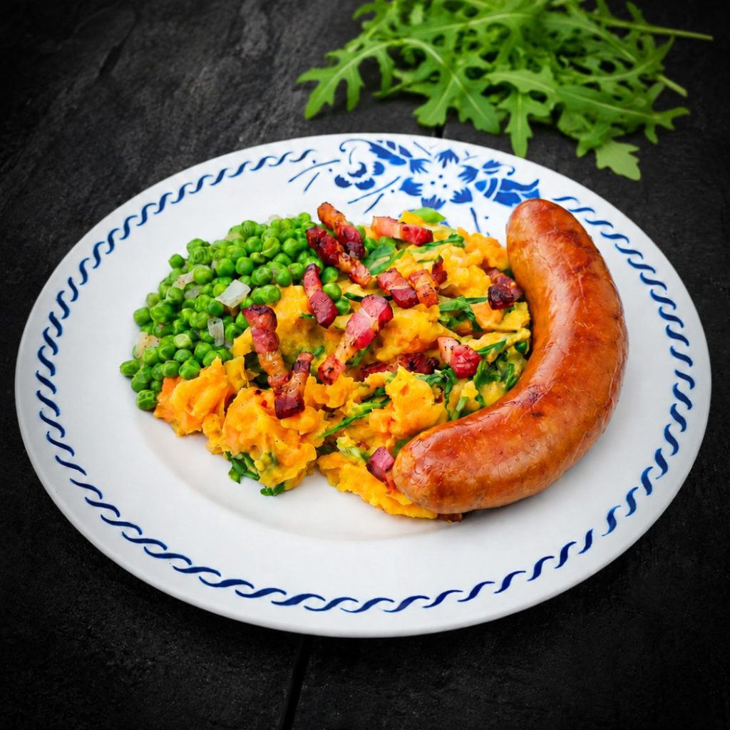 Recept voor lente wortelstoemp met airfryer worst, spekjes en gestoofde erwtjes