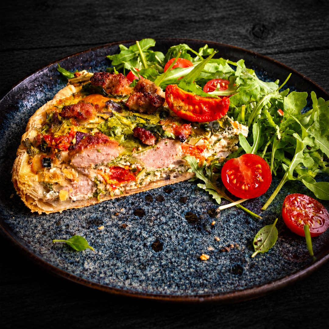 Italiaanse quiche met verse worst en mediterrane groenten