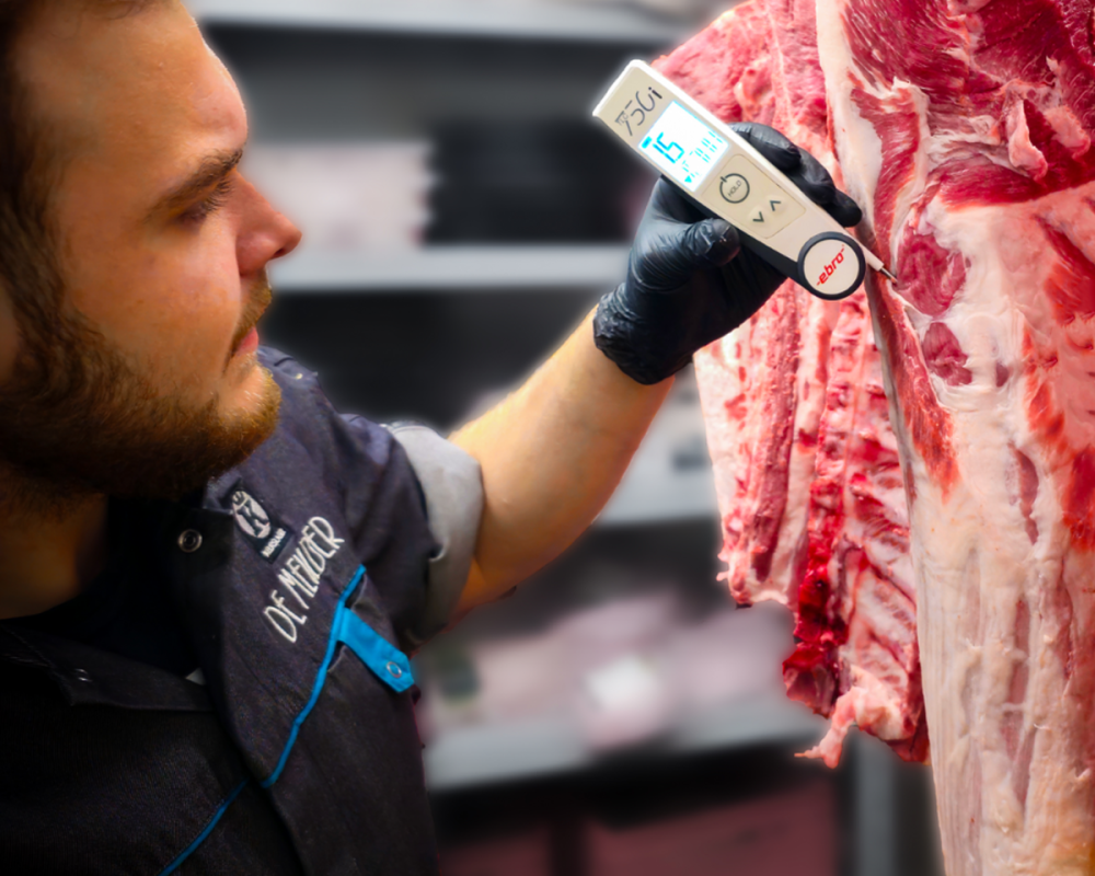 Keurslager in Brasschaat controleert de temperatuur van een vers rundvleesstuk met een vleesthermometer